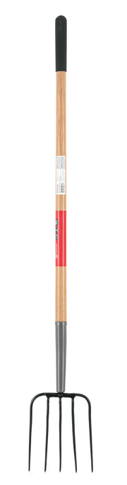 A pitchfork with a wooden handle and four metal prongs, designed for gardening or farming tasks.