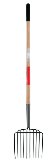 A garden fork with a long wooden handle and black metal prongs is shown standing upright on a white background.