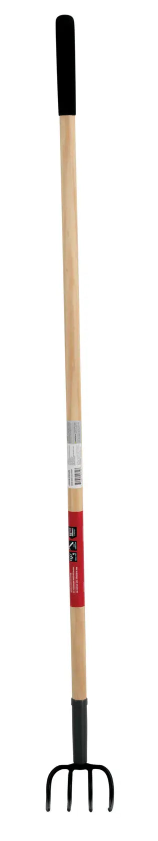 A garden cultivator tool with a long wooden handle and a black grip at the top. The tool has a four-pronged metal fork at the bottom for soil cultivation.