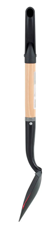 A garden hand tool with a wooden handle and a black metal curved blade, designed for digging or weeding, displayed on a white background.