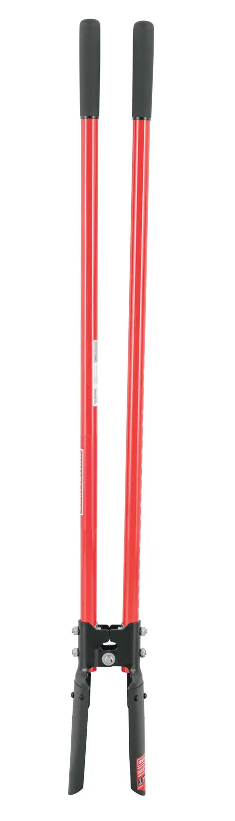 A red manual post hole digger with two long handles and black grips, used for digging holes in the ground for fence posts or similar purposes.
