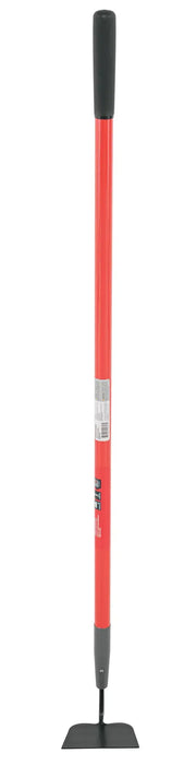 A red handled garden scraper tool with a black rubber grip at the top and a flat metal blade at the bottom, used for scraping or removing debris.