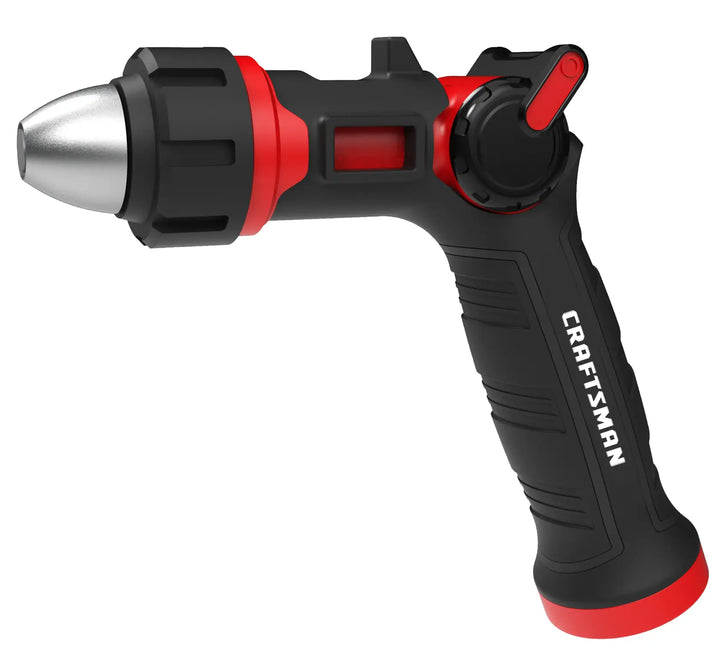 Photo of Craftsman black and red adjustable spray nozzle, model CMXMWBB16636, side angle on white background.