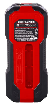 Craftsman cordless mini inflator CMXPTXA1201 rear view, red and black with battery info label.