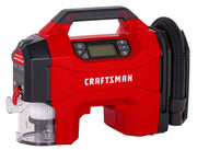 Front angle photo of Craftsman portable inflator, red and black, with digital display and hose, CMXPTXA2001.