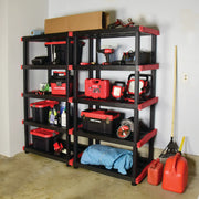 Photo of CRAFTSMAN CMXRHBP24X40SH black and red plastic shelving unit in a garage, holding various tools and storage boxes.