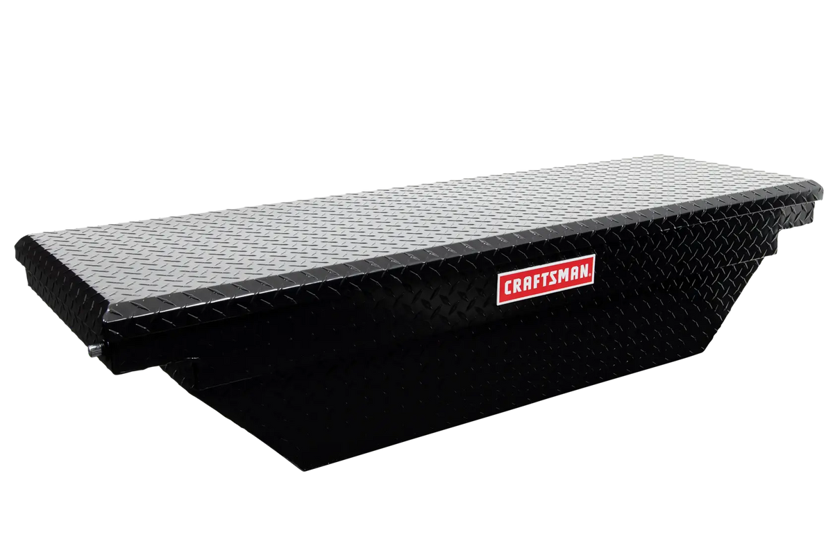 Photo of Craftsman CMXTBAD73217204 black aluminum truck tool box, diamond plate design, side angle.