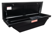 Photo of Craftsman CMXTBAD73217204 black truck storage box with diamond plate design, open lid, front angle.