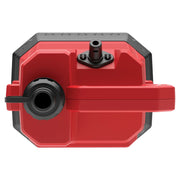 Top view of a red and black portable fuel container with a cap and handle, featuring a nozzle attachment.