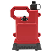 A red plastic container with a handle on the top left, a black cap on the top right, and a dark base, viewed from the front. The container appears to be rugged and is likely used for carrying liquids or fuel.