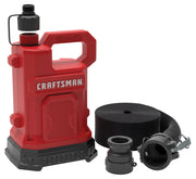 A red Craftsman portable water pump with a handle, an open black screw cap, a rolled black hose, and two black hose adapters shown on a white background.