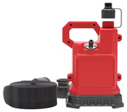 A red portable water pump with a built-in handle, shown alongside a rolled black hose and connector attachments, against a white background.