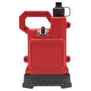 A red plastic portable water tank with a black screw-on cap at the top, a built-in handle for carrying, and a black spout on the front. The base is reinforced with a thick black section.