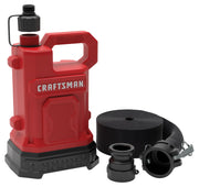 A red Craftsman portable water transfer pump is shown with its accessories, including a rolled black hose and two black hose connectors. The pump cap is removed and placed above the opening. The items are displayed on a white background.