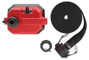 Top view of a red and black portable water pump with accessories, including a rolled black hose, a hose connection nozzle, and a black circular coupling. The accessories are laid out neatly around the main pump unit.