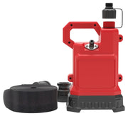 A red portable water pump with a black base and handle, shown with a black hose and nozzle attachments placed beside it. The pump has a detachable cap on top.