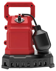 A close-up image of a red and black portable submersible pump, showing its handle, outlet, and attached float switch.