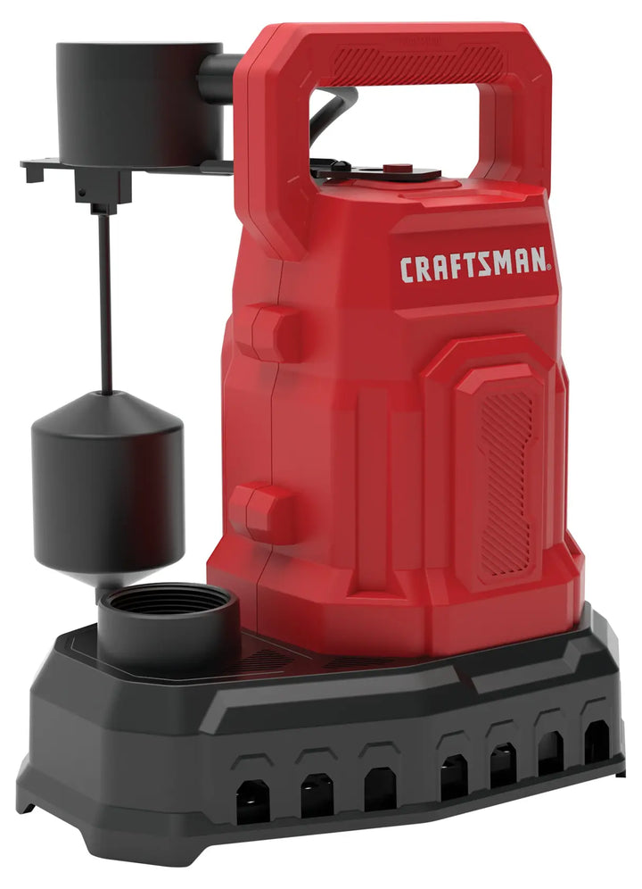 A red and black Craftsman sump pump with a handle on top and a float switch attached, designed for basement water removal.