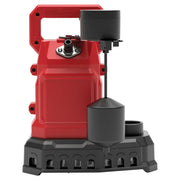 A red and black submersible utility pump with a carrying handle, float switch, and intake vents on the base, designed for water removal applications.