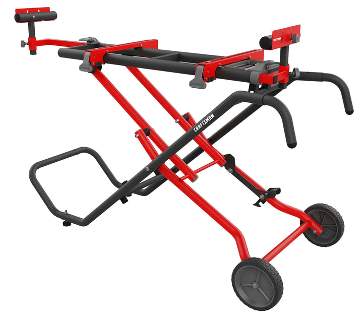 Craftsman CMXXMAX9434507 folding miter saw stand, black and red, side angle, photography