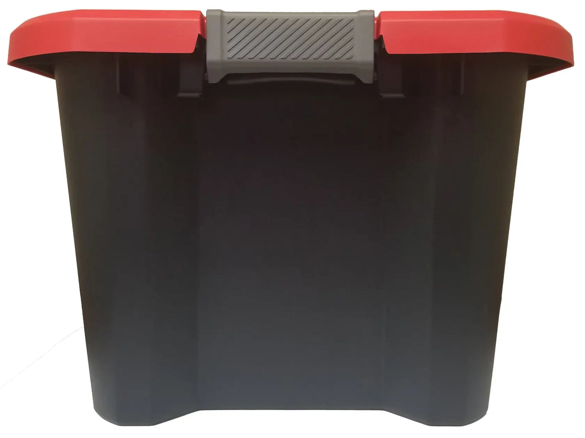 Black storage tote with red lid and textured gray handle, white background beauty shot, front angle.