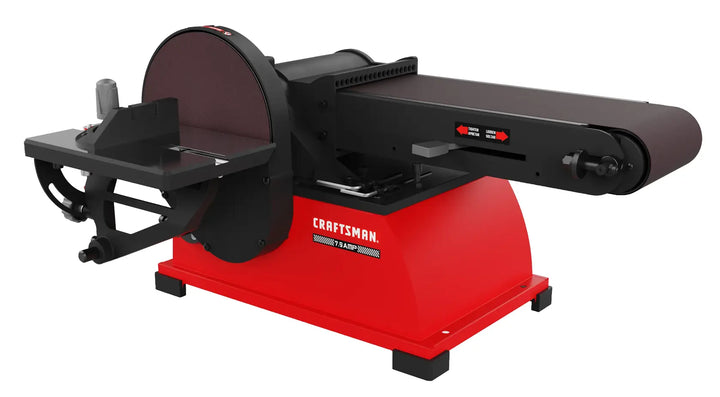 Photo of Craftsman benchtop belt and disc sander CMXXSAX69434606, red and black, angled on white background.