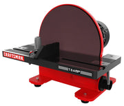 A red and black Craftsman disc sander with a 7.5 amp rating, featuring a flat work surface and a large sanding disc, designed for woodworking and sanding projects.