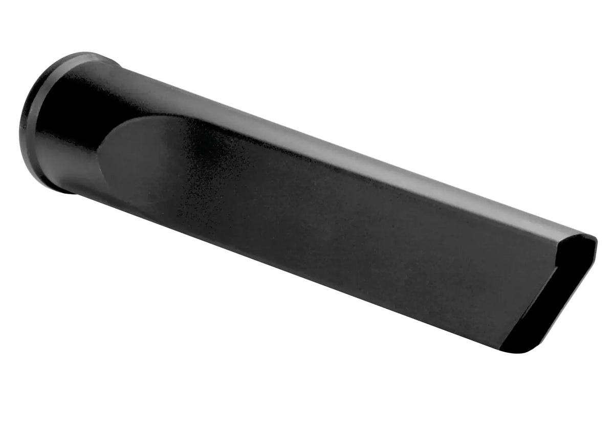 A black plastic vacuum cleaner crevice tool attachment, designed for cleaning narrow or hard-to-reach spaces.