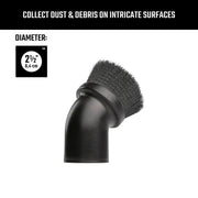 Photo of Craftsman round dusting brush attachment CMXZVBE37413, black, angled with 2.5 inch diameter, on white background.