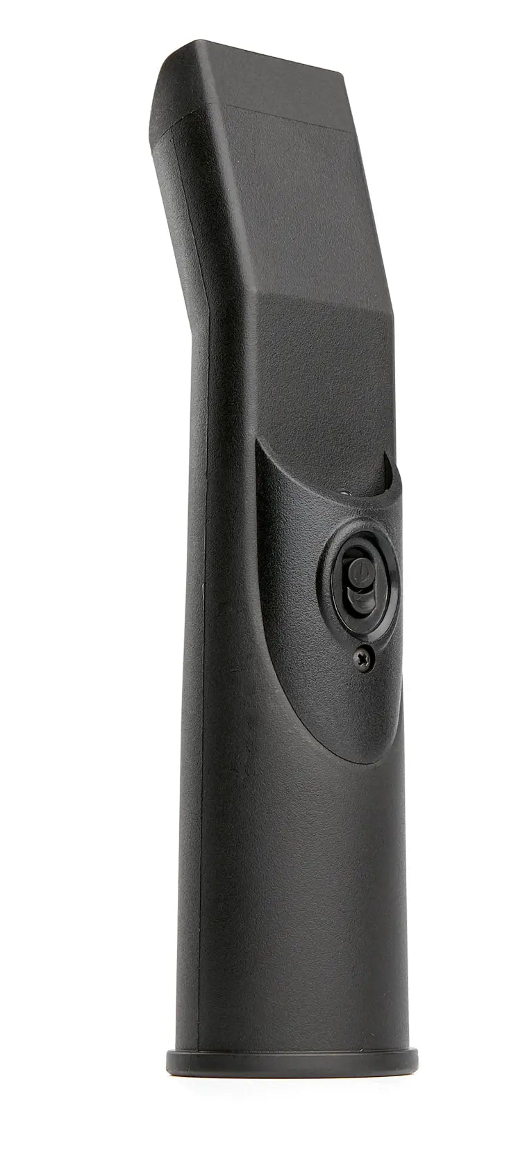 A black, plastic camera battery grip with a textured finish and control button, standing upright on a white background.