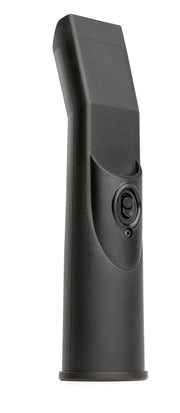 A black, plastic camera battery grip with a textured finish and control button, standing upright on a white background.