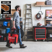 Photo of Craftsman wet/dry vacuum CMXZVBE38336 carried in workshop with jobsite rating icon visible.