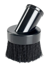 A black round brush attachment for a vacuum cleaner, featuring synthetic bristles and an angled connector.