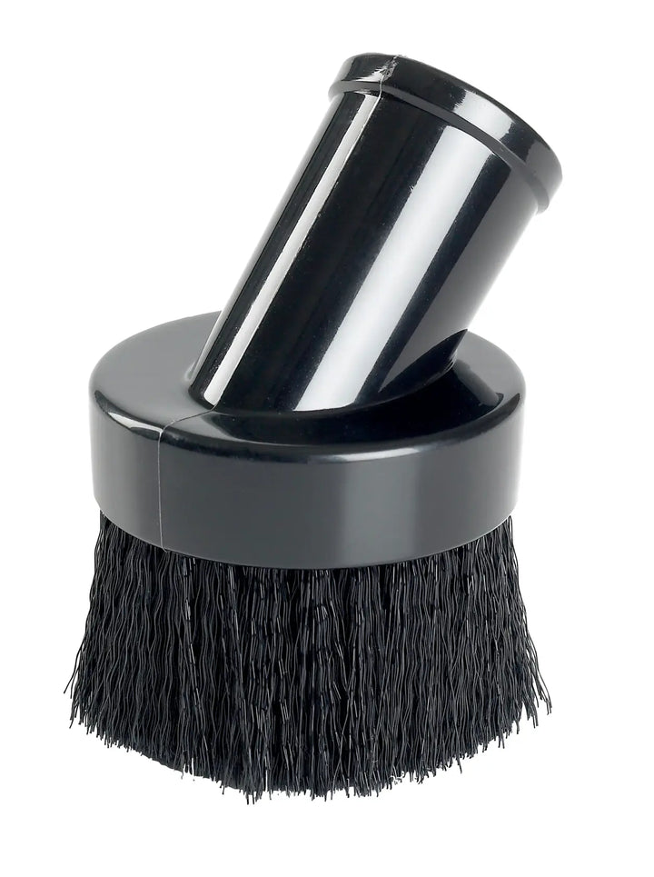 A black round brush attachment for a vacuum cleaner, featuring synthetic bristles and an angled connector.