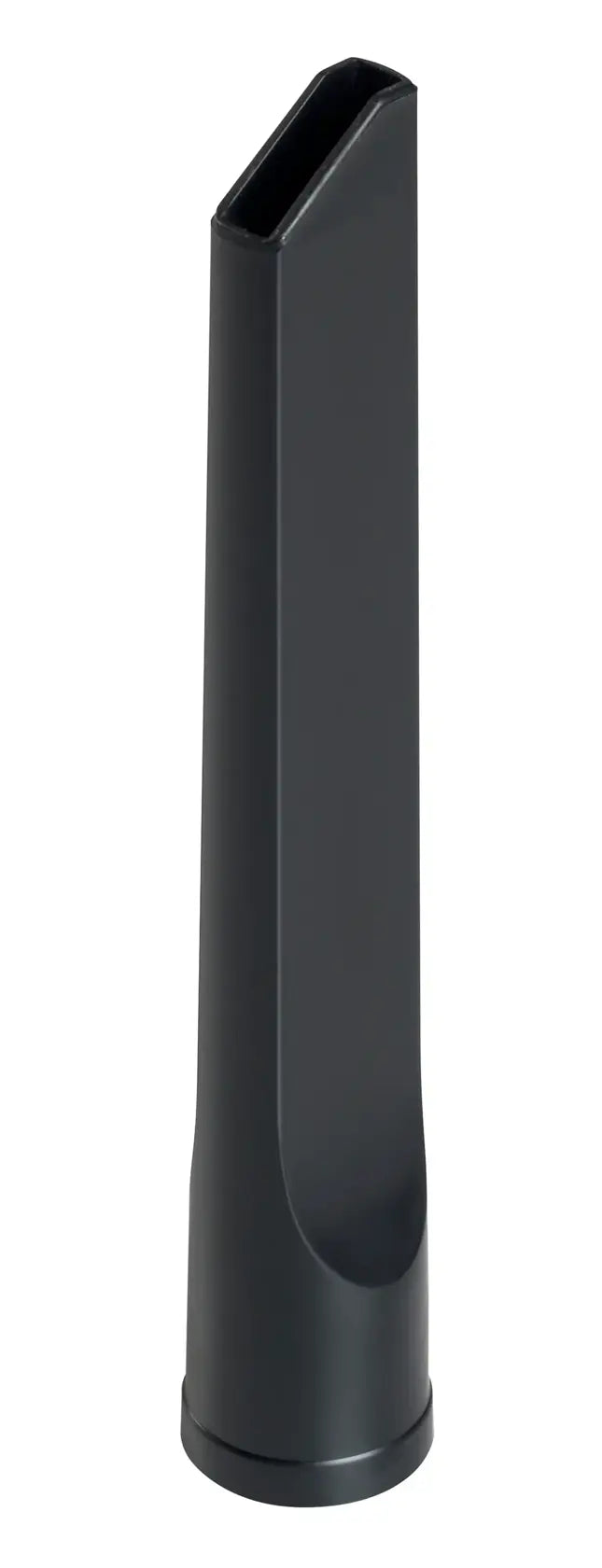 A black plastic vacuum cleaner crevice tool attachment designed for cleaning narrow spaces.