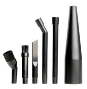 A set of six black vacuum cleaner attachment tools, including different nozzles and brushes, arranged upright in a row on a white background.