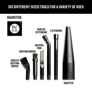Craftsman vacuum accessory kit CMXZVBE38668, six black tools on white, angled dusting brush, dusting brush, crevice tool, angled extension, extension, adapter, straight-on angle.