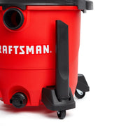 Photo of Craftsman wet/dry vacuum CMXZVBE38680, red tank with wheels, side handle, front angle.