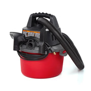 Photo of Craftsman wet/dry vac, SKU CMXZVBE38724, red and black body, hose and attachments, front angle on white background.