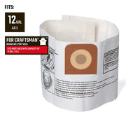 Photo of Craftsman filter bag CMXZVBE38735 for wet/dry vacs, white with brown collar, fits 12 gal capacity, angled view.
