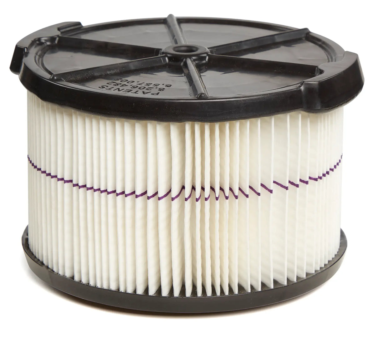 A cylindrical air filter with pleated white material and black plastic end caps, used in machinery or appliances to trap dust and particles.