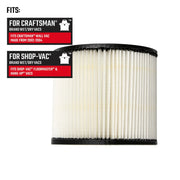 Craftsman pleated vacuum filter CMXZVBE38752, white with black edges, side view, fits wet/dry vacs.