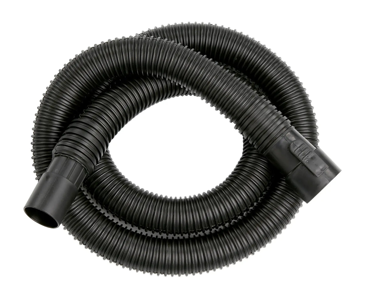 A coiled black flexible corrugated hose with connectors on both ends, typically used for vacuum cleaners or similar equipment.