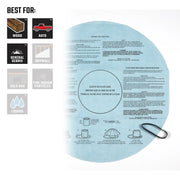 Photo of Craftsman reusable dry disc filter CMXZVBE38766 with installation instructions and a black rubber band, shown from above on white background. Filter is best for wood, auto, general debris, drywall, fine indoor particles.