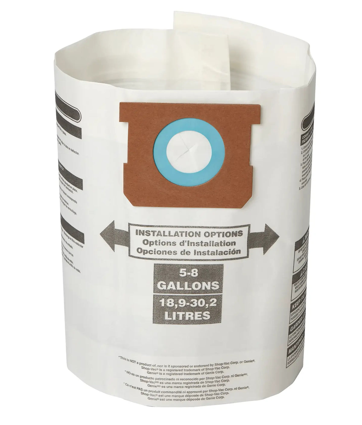 A disposable vacuum cleaner bag, made of white material with a brown cardboard collar and a blue ring around the central opening. The bag features printed installation options in English, French, and Spanish, and indicates a capacity of 5-8 gallons (18.9-30.2 litres).