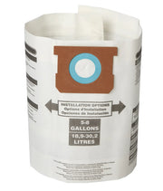 A disposable vacuum cleaner bag, made of white material with a brown cardboard collar and a blue ring around the central opening. The bag features printed installation options in English, French, and Spanish, and indicates a capacity of 5-8 gallons (18.9-30.2 litres).