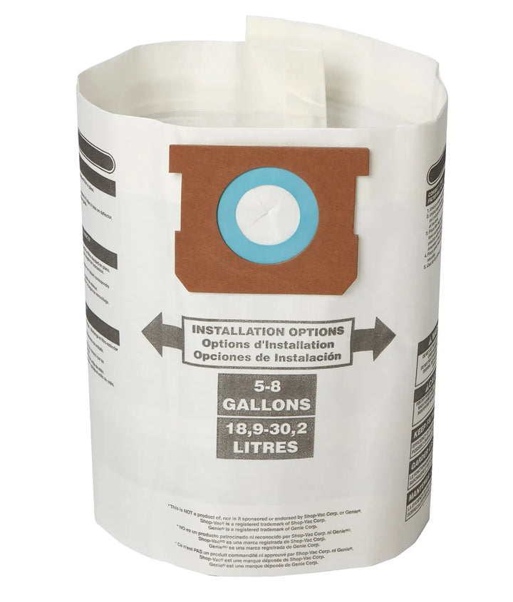 A disposable vacuum cleaner bag, made of white material with a brown cardboard collar and a blue ring around the central opening. The bag features printed installation options in English, French, and Spanish, and indicates a capacity of 5-8 gallons (18.9-30.2 litres).
