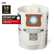 Craftsman wet/dry vac filter bag CMXZVBE38767, white, upright front angle, fits 5-8 gallon Shop-Vac models.
