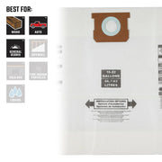 Craftsman vacuum filter bag CMXZVBE38772, white with brown collar, for 15-22 gallon units, front angle.