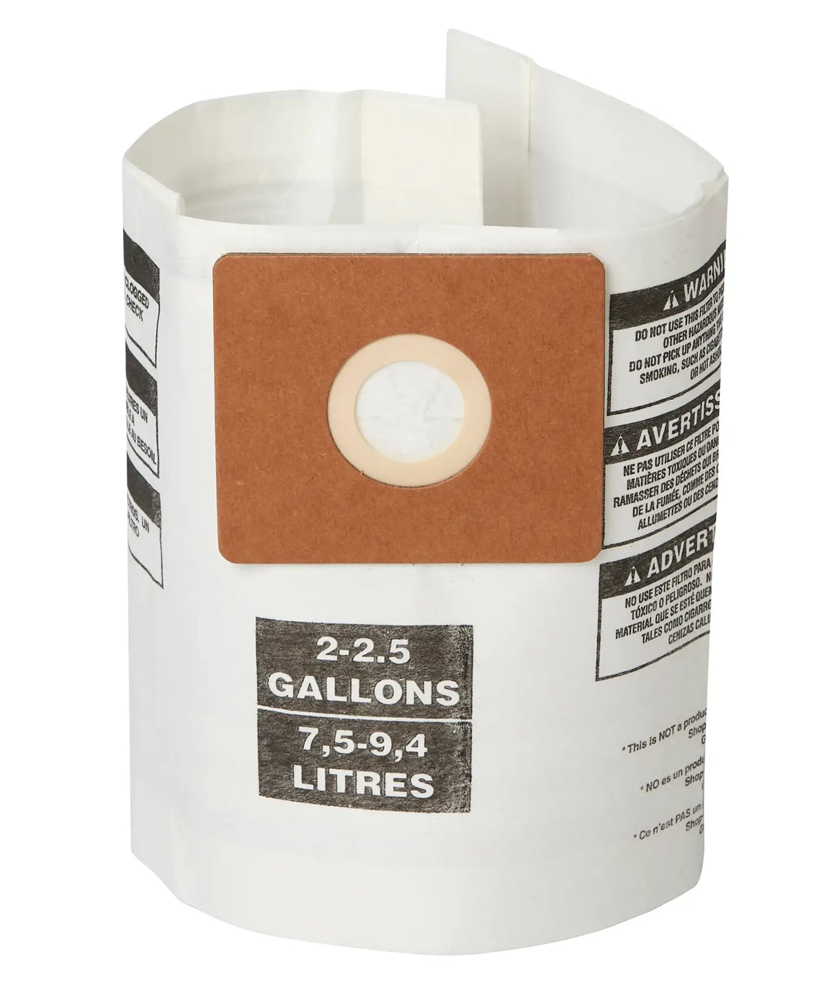 A white vacuum cleaner dust bag with a brown cardboard collar and round opening in the center. The bag features printed text indicating capacity: 2-2.5 gallons (7.5-9.4 litres) and warning labels in both English and French.